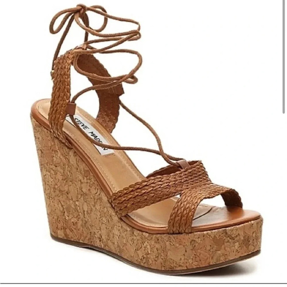 Steve Madden Wynwood brown/tan Raffia Ankle Strap Wedge Sandals 8 - Picture 1 of 8